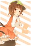  animal_ears blush brown_eyes brown_hair cat_ears cat_tail chen dress earrings hat heart jewelry multiple_tails open_mouth short_hair solo striped striped_background tail thighhighs toadstool_(natadekoko) touhou zettai_ryouiki 