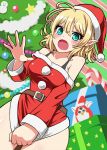 alternate_costume alternate_eye_color bare_shoulders belt blonde_hair blue_eyes blush box breasts candy christmas_ornaments christmas_tree doll embarrassed fang fuji_hyorone furby green_eyes hat mizuhashi_parsee open_hand open_mouth pointy_ears santa_costume santa_hat short_hair skirt skirt_tug solo strap tears touhou 