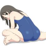  ass back barefoot black_eyes black_hair feet long_hair looking_at_viewer looking_back minakami_mai nichijou no_glasses one-piece_swimsuit shadow simple_background sitting soles solo swimsuit tomboo wariza wet white_background 