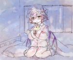  adapted_costume animal_ears bed bird blush clariate curtains hat holding mystia_lorelei mystia_lorelei_(bird) on_bed pajamas pillow pink_hair sad sitting solo tears touhou wariza wings 