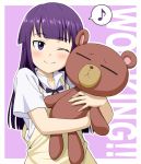  apron bangs blue_eyes blue_hair blunt_bangs blush bow daisy_(working!!) english ichikawa_masahiro musical_note object_hug purple_background short_sleeves simple_background smile solo speech_bubble standing stuffed_animal stuffed_toy teddy_bear title_drop tsurime wink working!! yamada_aoi 