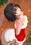  1girl amagami arms_behind_back bare_shoulders black_hair blush breasts brown_eyes choker christmas cleavage collar collarbone female from_above looking_at_viewer looking_up murasaki_iro nanasaki_ai santa_costume short_hair smile snow snowing solo strapless 