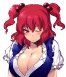 akira_(natsumemo) breasts bust cleavage hair_bobbles hair_ornament large_breasts onozuka_komachi red_eyes red_hair redhead simple_background solo touhou tsurime twintails white_background wink 