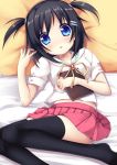  bad_id black_hair black_legwear blue_eyes blush d: hair_ornament hairclip highres liong looking_at_viewer notebook open_mouth original pillow pleated_skirt short_hair skirt sky_(sky-freedom) solo thigh-highs thighhighs twintails two_side_up wide-eyed zettai_ryouiki 