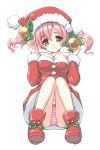  amano_yuu bare_shoulders bell breasts christmas cleavage dragon_knight greeb_eyes green_eyes hat heart heart-shaped_pupils large_breasts panties pantyshot pantyshot_(sitting) pantyshot_sitting pink_hair rough santa_costume santa_hat simple_background sitting smile solo striped striped_panties symbol-shaped_pupils twintails underwear white_background 