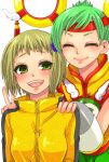  2girls blonde_hair bruce_lee&#039;s_jumpsuit bruce_lee's_jumpsuit chinese_clothes detached_sleeves dragon_kid dual_persona green_eyes green_hair hand_on_shoulder hand_on_shoulders hat huang_baoling jida multiple_girls short_hair superhero tiger_&amp;_bunny v 