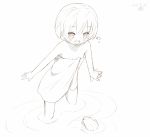  1girl blush dated flat_chest frog mille monochrome naked_towel open_mouth short_hair signature simple_background sketch solo towel wading white_background 