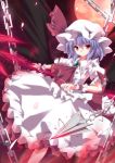  ascot bat_wings blue_hair bow chain chains dress full_moon hat kurono_yuzuko moon red_eyes red_moon remilia_scarlet ribbon short_hair smile solo spear_the_gungnir touhou wings wrist_cuffs 