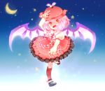  :d alternate_eye_color crescent_moon dress fang frilled_dress frilled_sleeves frills hand_on_hat hat kneehighs long_sleeves moon mystia_lorelei open_mouth petticoat pink_hair puffy_sleeves running sleeves_past_wrists smile solo star star_(sky) touhou wings yellow_eyes yousei-sugar 