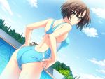  1girl adjusting_swimsuit aneiro ass black_eyes blush brown_hair competition_swimsuit dutch_angle female game_cg glasses one-piece_swimsuit outdoors pool riv short_hair smile solo sumi_sayaka swimsuit water wet 