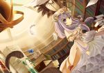  adapted_costume alternate_costume book book_stack bookshelf capelet crystal dress dutch_angle far_eastern_funion feathers gears hat highres library long_hair patchouli_knowledge purple_eyes quill solo sunlight test_tube touhou very_long_hair violet_eyes voile wind 