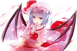  ascot bat_wings blue_hair dress fangs hat koyuri_shouyu open_mouth red_eyes remilia_scarlet short_hair smile solo touhou wings 