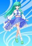  blush breasts detached_sleeves frog frog_hair_ornament gohei green_eyes green_hair hair_ornament hair_tubes kochiya_sanae long_hair navel shoes skirt smile snake snake_hair_ornament solo standing t2r touhou wide_sleeves 