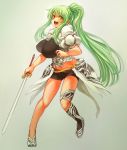  breasts female green_hair huge_breasts long_hair open_mouth original ponytail sachito solo sumi-chan_(sachito) sword weapon yellow_eyes 