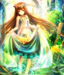 bare_shoulders barefoot breasts brown_hair cleavage colorful dress dress_lift flower green_eyes head_wreath long_hair looking_at_viewer original ripples sakura_ani skirt_hold smile solo sundress very_long_hair water 