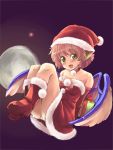  animal_ears bare_shoulders blush boots choker christmas collarbone dress earrings gift hat highres jewelry legs mystia_lorelei nise_nanatsura nisenana open_mouth panties pantyshot pink_hair santa_costume santa_hat short_hair simple_background single_earring solo strapless_dress touhou underwear white_panties wings 