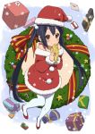  bare_shoulders black_hair blush bow brown_eyes candy_cane christmas errant gift gloves hands_together hat k-on! letter long_hair looking_at_viewer nakano_azusa pantyhose santa_costume santa_hat smile solo twintails white_legwear wreath 