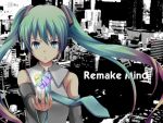  alternate_eye_color bare_shoulders blue_eyes cityscape detached_sleeves frown gradient_hair green_hair hatsune_miku heart long_hair looking_at_viewer multicolored_hair necktie outstretched_arm solo twintails vocaloid yatsu_(sasuraino) 