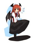 1girl :d bat_wings blush book demon_wings dress_shirt gin_(shioyude) head_wings koakuma long_hair long_sleeves necktie open_mouth pantyhose red_eyes red_hair redhead ringed_eyes shirt shoes skirt skirt_set smile solo standing_on_one_leg the_embodiment_of_scarlet_devil touhou v_arms very_long_hair wind_lift wings 
