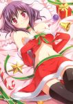  absurdres bare_shoulders black_legwear blush bow breasts bustier choker christmas cleavage copyright_request elbow_gloves gift gloves highres konata_(artist) large_breasts lying midriff navel ornament panties purple_eyes purple_hair ribbon smile solo source_request thigh-highs thighhighs underwear white_panties 