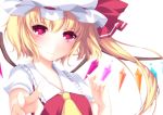  ascot blonde_hair bust face flandre_scarlet hat hat_ribbon kabata_(mechisan) no_nose outstretched_arm red_eyes ribbon short_hair short_sleeves side_ponytail simple_background smile solo the_embodiment_of_scarlet_devil touhou v white_background wings 
