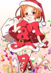  bag belt brown_eyes brown_hair christmas confetti glasses gloves hat pink-framed_glasses precure red_legwear santa_costume santa_hat shirabe_ako short_hair slowpit smile solo suite_precure thigh-highs thighhighs white_background 