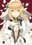  92m ahoge blonde_hair blurry breasts center_opening chain chains cleavage depth_of_field fate/extra fate/extra_ccc fate/stay_night fate_(series) flower gloves green_eyes hair_flower hair_ornament hand_on_own_chest lock padlock petals saber_bride saber_extra short_hair solo unzipped unzipping veil white_gloves zipper 