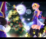  blazblue blonde_hair christmas detached_sleeves full_moon gloves green_eyes hat jin_kisaragi kisaragi_jin lights moon noel_vermillion ornament panties pointing reindeer ribbon santa_claus sayo_wini sleigh star thigh-highs thighhighs tree underwear 