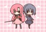  2girls chibi fushigi_ebi hayate_no_gotoku! katsura_hinagiku long_hair multiple_girls nishizawa_ayumu pantyhose pink_hair school_uniform serafuku short_hair sword twintails weapon 