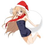  aisaka_taiga barefoot brown_eyes brown_hair dress flo hat long_hair sack santa_hat scarf solo toradora! 