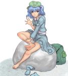  arm_up backpack bag bare_legs barefoot blue_eyes blue_hair blush boots boulder crossed_legs feet grin hair_bobbles hair_ornament hat highres kawashiro_nitori kuro_suto_sukii legs_crossed randoseru rubber_boots shoes_removed short_hair sitting skirt smile soles solo toes touhou twintails waving 