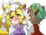  :3 animal_ears bad_id bell blonde_hair blowing blush bow brown_eyes brown_hair cat_ears chen dress drooling ear_piercing eromame fang fox_ears fox_tail hat hat_with_ears multiple_girls multiple_tails open_mouth piercing shirt tabard tail touhou vest white_dress yakumo_ran yellow_eyes 