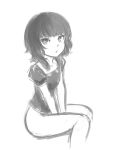  :o black_hair bottomless covering covering_crotch flat_chest hands_together highres monochrome original pas_(paxiti) short_hair simple_background sketch solo v_arms wavy_hair white_background 
