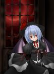  1girl alternate_costume bat_wings blue_hair gothic hat highres moon red_eyes red_moon remilia_scarlet solo sutoreruka touhou wide_sleeves wings 