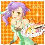  2011 cake character_name chocolate dated food fruit happy_birthday highres long_hair odette_(rune_factory) okitune-sama orange_background polka_dot polka_dot_background purple_hair rune_factory rune_factory_oceans side_ponytail solo yellow_eyes 