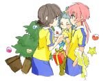  abrame blue_eyes brown_eyes brown_hair cake christmas christmas_tree decorations eating eyebrows food fork highres inazuma_eleven inazuma_eleven_(series) inazuma_eleven_go kariya_masaki kirino_ranmaru multiple_boys pink_hair shindou_takuto short_hair soccer_uniform twintails 