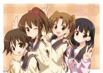  4girls blush brown_eyes brown_hair cardigan hanawa_kaoru hoppege long_hair okazaki_norie ponytail sakurada_maon sawatari_fuu school_uniform seifuku short_hair smile tamayura twintails v wink 