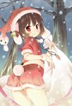  animal_ears bell brown_hair bunny_ears bunny_tail carrot hat inaba_tewi niji_sugi red_eyes sack santa_costume santa_hat short_hair smile snow solo tail touhou tree 
