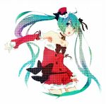  bad_id bare_shoulders bell blue_eyes choker christmas detached_sleeves green_hair hat hatsune_miku highres long_hair mini_top_hat open_mouth santa_costume simple_background solo top_hat twintails very_long_hair vocaloid white_background zombie_neko 