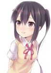 bad_id black_hair blush face k-on! kyuri long_hair nakano_azusa red_eyes smile solo sweater_vest twintails 