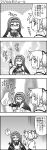  4koma akemi_homura bowtie comic glasses gun highres homu kamen_rider kamen_rider_fourze_(series) kaname_madoka long_hair mahou_shoujo_madoka_magica monochrome multiple_girls parody school_uniform short_twintails sweatdrop sword translated translation_request twintails weapon yuuki_akira 