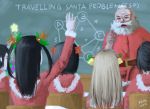  2011 absurdres antlers ari_rein beard bell chalkboard christmas christmas_tree classroom dated facial_hair gift highres indoors raised_arm santa_claus signature 