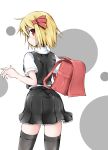  1girl adapted_costume backpack bag black_legwear blonde_hair hair_ribbon kirino_souya looking_at_viewer looking_back pleated_skirt randoseru red_eyes ribbon rumia shirt short_sleeves skirt skirt_set solo thigh-highs thigh_beads touhou vest zettai_ryouiki 