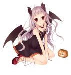 arm_support bad_id bare_shoulders bdsm blush chain chains collar demon_girl demon_horns dress horns itou_nanami kneeling leaning_forward leash long_hair looking_at_viewer original pointy_ears pumpkin purple_eyes purple_hair sitting solo strap_slip v_arms violet_eyes wariza white_background wings 