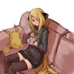  blonde_hair blue_eyes book character_doll couch gift hair_ornament hair_over_one_eye long_hair pan!ies pikachu pokemon pokemon_(game) shirona_(pokemon) smile solo sweater_dress thigh-highs thighhighs turtleneck very_long_hair zettai_ryouiki 