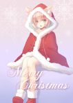  animal_ears blonde_hair cat_ears christmas highres hood nana_mikoto nekomimi original santa_costume short_hair sitting solo yellow_eyes 