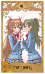  2girls blue_eyes blush breast_grab brown_hair copyright_name embarrassed eunos frown green_eyes hair_bobbles hair_ornament half_updo highres holding_hands houjou_hibiki long_hair minamino_kanade mouth_hold multiple_girls pocky precure school_uniform suite_precure tarot the_lovers two_side_up white_background yuri 
