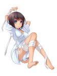  arms_up bad_id bandage bandages barefoot black_hair blue_eyes feet itou_nanami legs no_pants original panties short_hair simple_background sitting solo striped striped_panties toes underwear white_background 