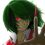  backlighting blurry claws depth_of_field evil_grin evil_smile face fingernails foreshortening green_hair grin hair_over_one_eye highres kazami_yuuka long_fingernails looking_at_viewer red_eyes red_nails sharp_teeth short_hair slit_pupils smile smirk solo stare staring touhou tracy51922 youkai 