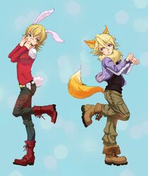  agu_(rodorigesu_moromoro) animal_ears barnaby_brooks_jr belt blonde_hair boots bunny_ears bunny_tail fox_ears fox_tail glasses green_eyes ivan_karelin jacket jewelry kemonomimi_mode letterman_jacket male multiple_boys necklace paw_pose purple_eyes purple_jacket red_jacket rodorigesu_moromoro short_hair studded_belt tail tiger_&amp;_bunny violet_eyes 